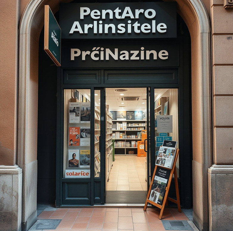 Entrada de una tienda de impresión en Bilbao con carteles en el escaparate