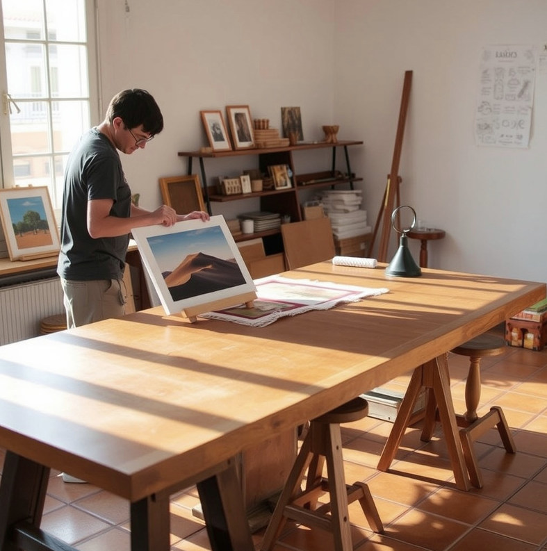 Muestras de impresión, una carpeta y distintos soportes sobre la mesa